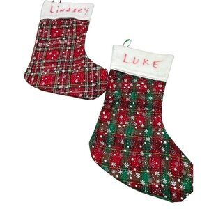 Christmas holiday stocking set 2 red green snowflakes hooks plaid soft felt READ